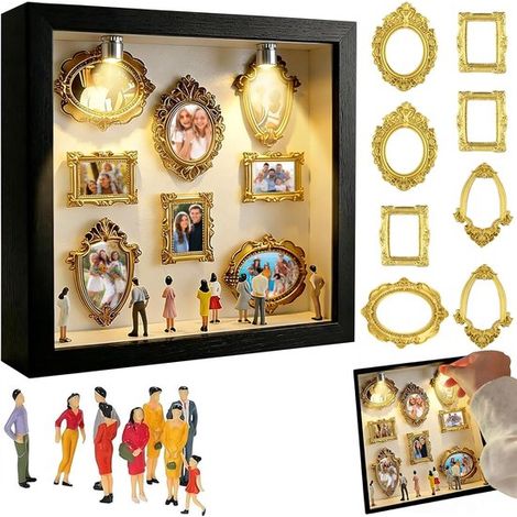 Cadre photo collage en bois – 8 mini cadres dorés et 8 figurines – Avec éclairage – Décoration murale (1/5)
