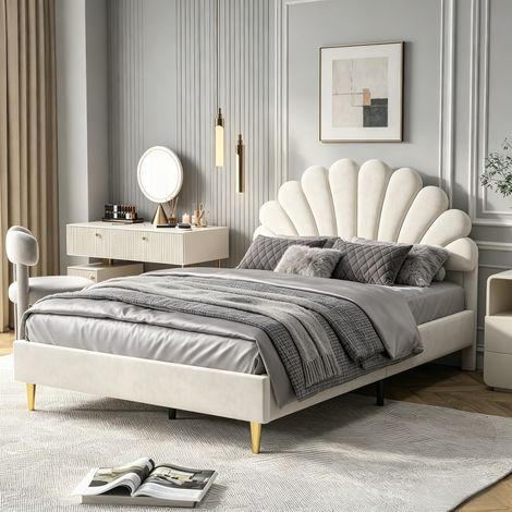 JOOKGBD-Lit Rembourré 140x200 cm,Lit Double 140x200 cm,Lit Enfant,Lit Adolescent,Tête de Lit Ajustable en Forme de Pétale,Sommier à Lattes,Velours Doux,pour Enfant, Adolescente, Adulte,Beige (1/5)