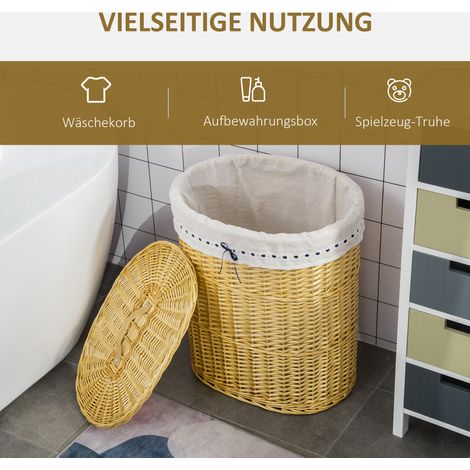 Corbeille à linge en rotin avec couvercle, panier à lessive à anse, sac de linge amovible, coffre à linge pour salle de bain, buanderie, chambre, teinte naturelle (1/4)