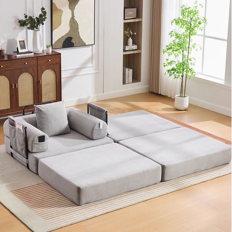 Sofá modular de pana gris claro con puf, estructura de metal, cojín y bolsillo lateral, sin montaje (1/5)