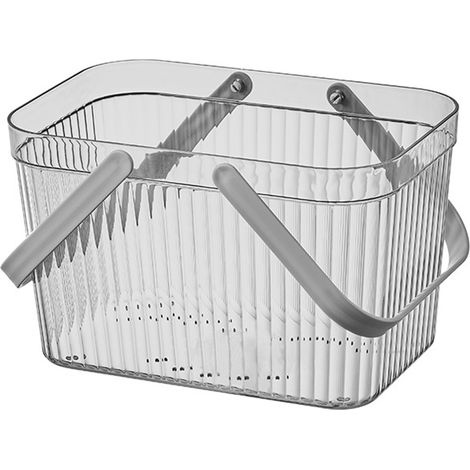 Panier de rangement pour salle de bain élégant, rayures transparentes, grande capacité, avec poignée, organisateur de douche gris (1/5)