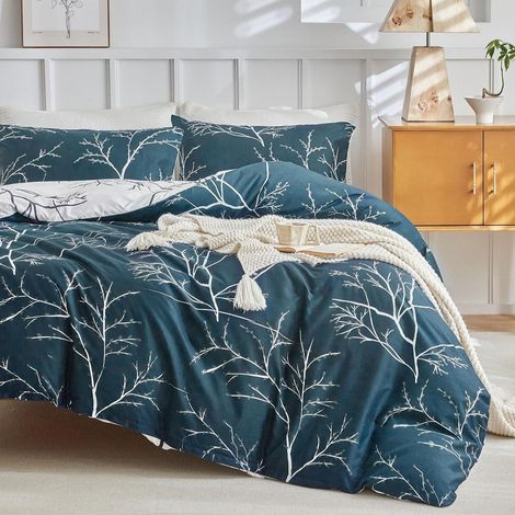 Bettwäsche-Set 240x220 cm Mikrofaser mit Zweig-Muster, 3-teilig, Marine/Weiß
