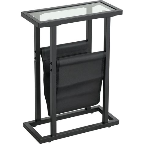 Table d'appoint en métal avec pochette en tissu et plateau en verre, table étroite pour salon ou chambre, noire