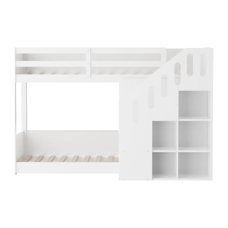 Lit superposé 90×200 cm, escalier, rangements, barrières, blanc (1/5)