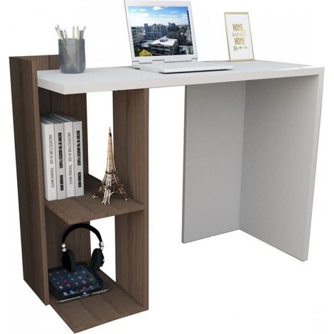 Bureau 102 cm Blanc et 1 Caisson Noyer (1/4)