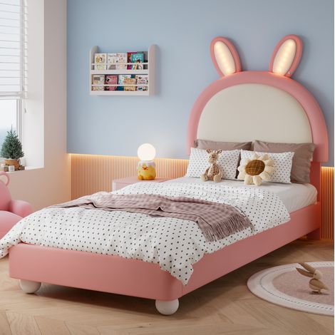 Polsterbett 90x200 cm rosa mit Hasen-Kopfteil und LED-Lichtleiste (1/5)