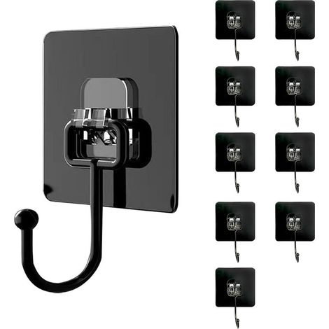 Lot de 10 Cochet Adhésif Mural(Maximum 30 kg) - Noir - Étanche et Sans Trace - Fixation Murale Sans Percer Pour Salle de Bain, Plafond, Crochet Mural, Ustensiles de Cuisine, Clés, Sac à Dos (1/4)