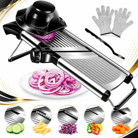 Grattugia multifunzione Sofia per frutta e verdura, 5 diversi tagli da 3 mm a 9 mm di spessore, 2 opzioni per julienne, lame rimovibili in acciaio inox, nero e argento. (1/5)