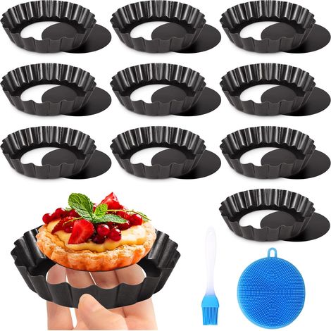 Lot de 10 Moule à tarte, Fond amovible, Acier carbone, Revêtement antiadhésif, 10cm, Pour pâtisserie maison (1/5)