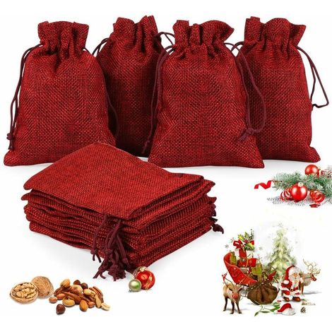 Sac en Toile de Jute de Noël,24 pcs DIY Sachets en Jute pour Calendrier de l'Avent à Remplir,Pochettes Naturelles,Sacs à Cordon Calendrier De l'Avent,13cm x 18cm (Rouge) (1/5)
