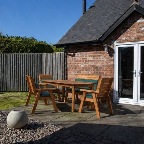 6 Seater Wooden Garden Furniture Set. Table, Chairs & Green Cushions (1/5)