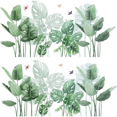 1 Sticker mural, Feuilles vertes, Design tropical réaliste, Décoration jungle, Pour salon et bureau (1/5)