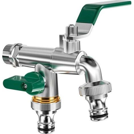 Robinet double pour jardin. Robinet extérieur en laiton. Robinet avec deux sorties de 3/4" et une entrée de 1/2". Robinet antigel avec double raccordement et embout pour tuyau d'arrosage. Pour le jard (1/4)