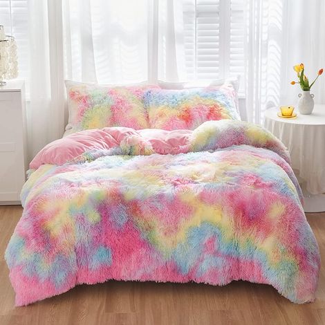 Parure de lit 3 pièces en Fausse Fourrure pelucheuse à Poils Longs pour Fille – Housse de Couette colorée à Motif Teinture par nœuds pour décoration de Chambre à Coucher Rose Pastel lit (1/5)