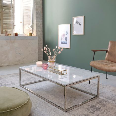Berah Getah – Table basse rectangulaire en marbre blanc et métal argenté – 120x70x35 cm – Épaisseur 2 cm – Pour décoration élégante (1/4)