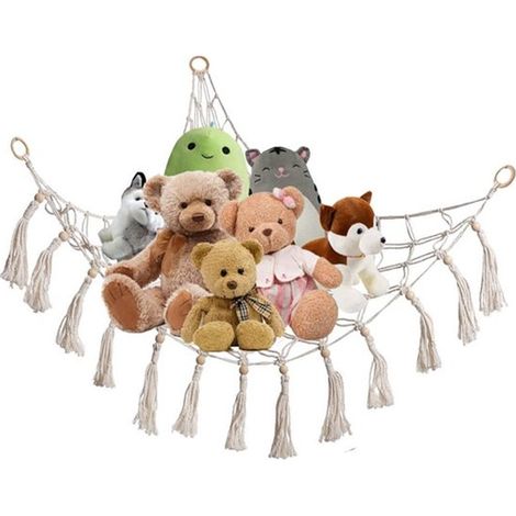 Makramee Hängematte zur Aufbewahrung von Stofftieren, groß Zimmerdekoration, Spielzeugaufbewahrungsnetz Eckorganizer für Plüschtiere (weiß) (1/5)