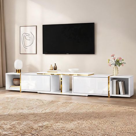 Meuble TV extensible blanc laqué avec rangements 275 x 35 x 37 cm (1/5)