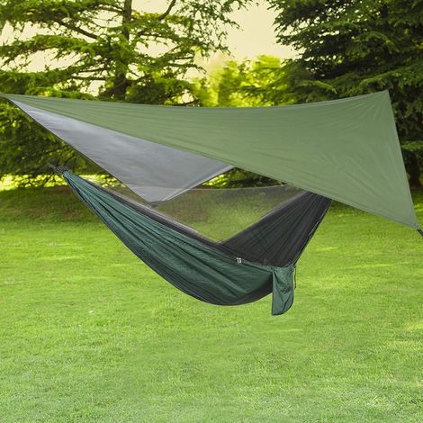 Camping Hammock with Mosquito Net and Rain Tent Cover, Lightweight Portable Nylon Parachute Sleeping Hammock for Hiking (Green) (1/5)
