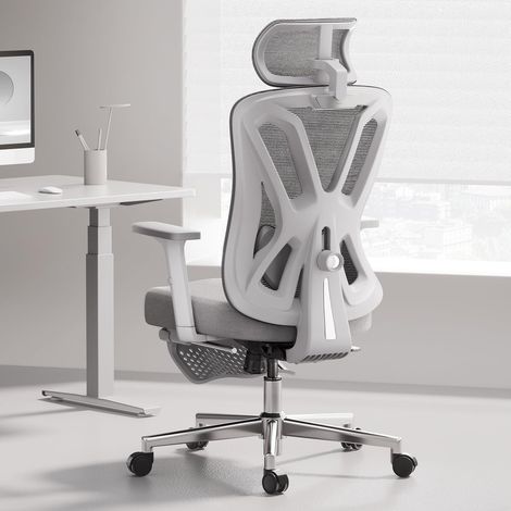 Ergonomischer Bürostuhl mit Lordosenstütze, Fußstütze und verstellbarer Kopfstütze, Grau