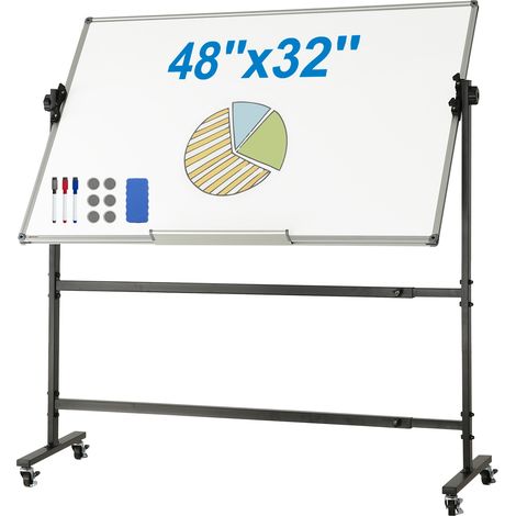 VEVOR Pizarra blanca magnetica 118,3x76,4cm Pizarra blanca móvil de borrado en seco con soporte Pizarra reversible 360° Altura ajustable de doble cara con marcadores de borrador para oficina, escuela