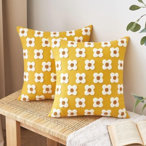 Housses de coussin décoratives jaune automne, lot de 2, 45 x 45 cm, jacquard, motif tournesol et marguerites, carrées, pour canapé, lit, salon ou chambre. (1/5)