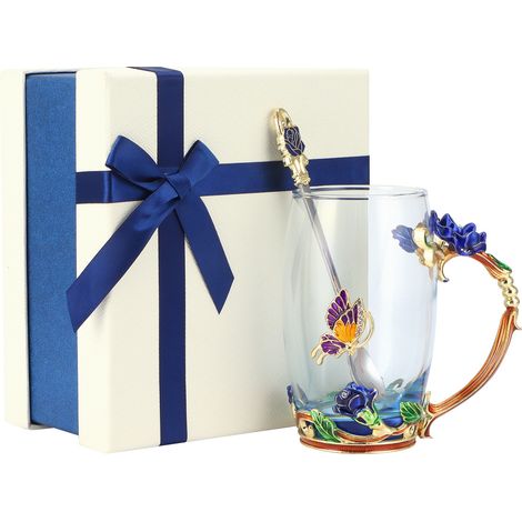 Tasse à thé en verre à motif floral innovant avec cuillère intégrée - Cadeau idéal pour un anniversaire, Noël ou toute autre occasion - Rose bleue - 350 ml (1/5)