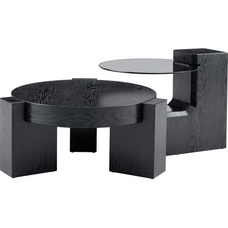 Table basse ronde 2-en-1, design à deux niveaux avec plateau en verre gris et structure MDF effet bois noir, pour salon modulable et petits espaces - CHICFURN (1/5)