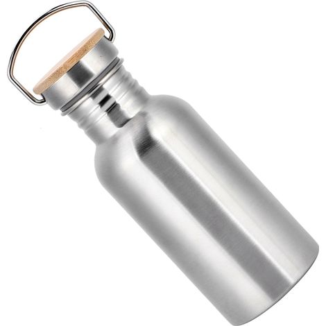 Gourde de sport avec couvercle en bambou et bois, acier inoxydable 304, style américain, idéale pour la randonnée, simple et portable, 500 ml (1/5)