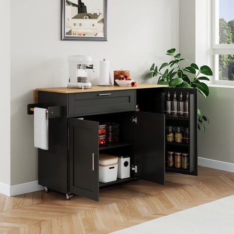 Carrello cucina 132,5/44(70)/90 cm nero naturale con piano ribaltabile e ampio spazio contenitivo (1/5)