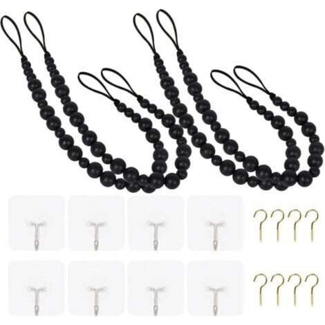 Lot de 4 embrasses de rideaux en perles de bois de style bohème avec crochets pour décoration murale, décoration de fenêtre pour chambre à coucher, salle à manger (noir, 4) (1/4)