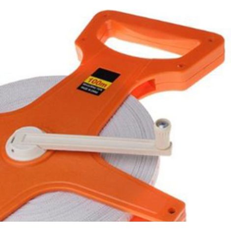 Ruban à mesurer en fibre 30m/50m/100m, cadre rouge plastique, manivelle manuelle, modèle compact au sol, boîte de 24 pièces, usage professionnel (1/5)