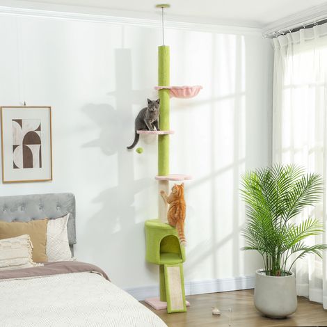 Vom Boden bis zur Decke reichender Katzenbaum mit 5 verstellbaren Höhenstufen (220-240 cm), Blumenplattformen mit Kratzbaum, Höhle und Hängematte (grün)