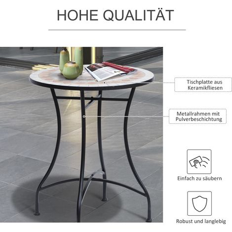 Table ronde extérieur Ø60 x H71 cm, table de terrasse en métal robuste anti-rouille, table de jardin repas, table de camping pliable, guéridon balcon, couleur orange et blanc. (1/4)