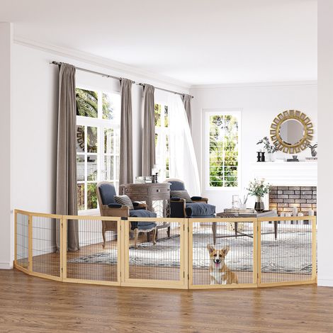 Barrera para perro 432x36x70 cm de madera y metal natural, plegable para pasillo – MEUBLIV (1/5)