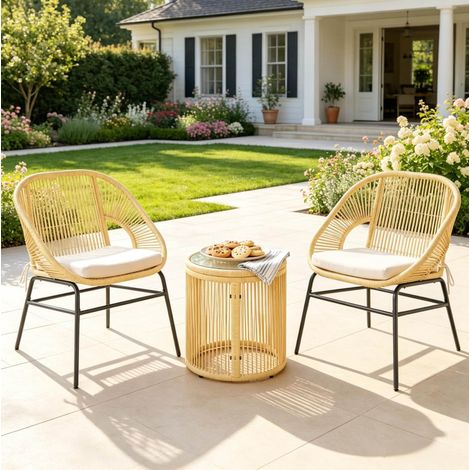 Salon de jardin moderne 2 chaises + table ronde Ø45 cm en acier, beige, gain de place FloraGrace (1/5)