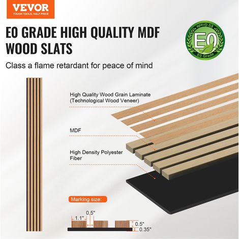 Panneaux acoustiques à lattes en bois 2400 x 200 mm lamelles acoustiques en MDF pour mur intérieur moderne, panneaux muraux en faux… (1/5)
