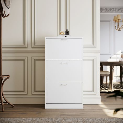SIRHONA Zapatero Blanco Estrecha con Protección Antivuelco 63x30x120cm,Mueble Zapatero Recibidor de 3 Puertas con 9 Estantes para 27 Zapatos (1/5)