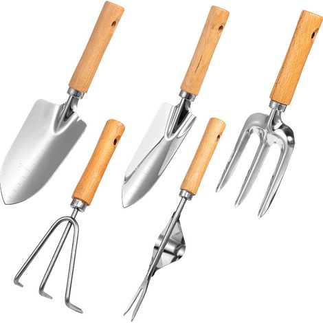 APEX Un ensemble de 5 outils de jardinage avec manches en bois, adapté pour planter, creuser et désherber. (1/5)