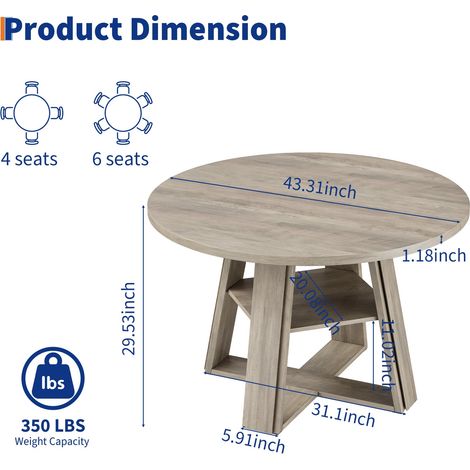 BALOVEBY - Table Ronde 110cm, 4-6 Pers. Pied Central Renforcé, Étagère Rangement, Table de Salon, Anti-Éclaboussures, Stable, Gris (1/5)