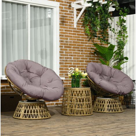 Conjunto de muebles de jardín de ratán color café, 2 sillones con cojines y mesa auxiliar Ø45x45 cm, pies ajustables (1/5)