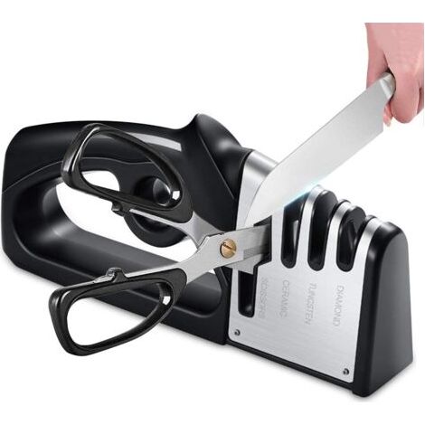 Aiguiseur de couteaux et ciseaux de cuisine 4 en 1, aiguiseur de couteaux professionnel, aiguiseur de couteaux avec gomme antidérapante pour couteaux en acier inoxydable et en céramique
