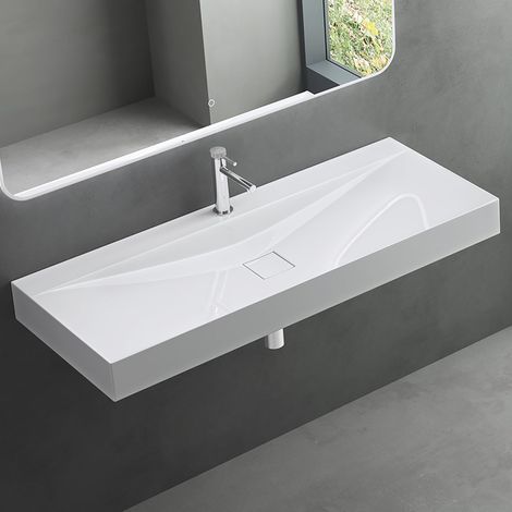 Mai & Mai – Lavabo suspendu blanc 120x48x12cm – Vasque rectangulaire avec perçage robinet – Résine de synthèse – Installation facile - Col810-1200 (1/5)