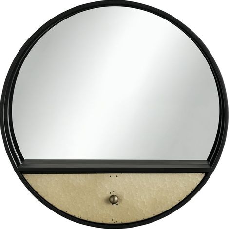Miroir mural rond Ø61 cm, miroir décoratif avec tiroir et cadre en métal et MDF, noir (1/5)