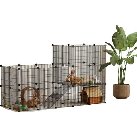 Parque para mascotas, 140 cm de largo x 70 cm de ancho x 105 cm de alto, montaje sin herramientas, diseño de 2 niveles, construcción metálica, espaciado seguro de la rejilla. (1/5)