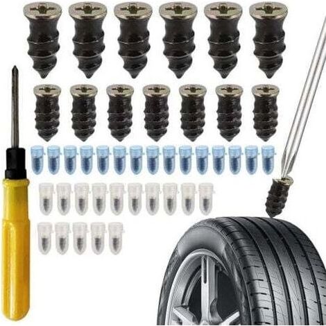 Outil du mécanicien, 30 Clous en Caoutchouc pour réparation de Pneu de Voiture et Moto,avec Tournevis, Clous en Caoutchouc de Pneu sous Vide, Clou Reparation Pneu Convient aux Voitures, Motos(15 S+15 (1/5)