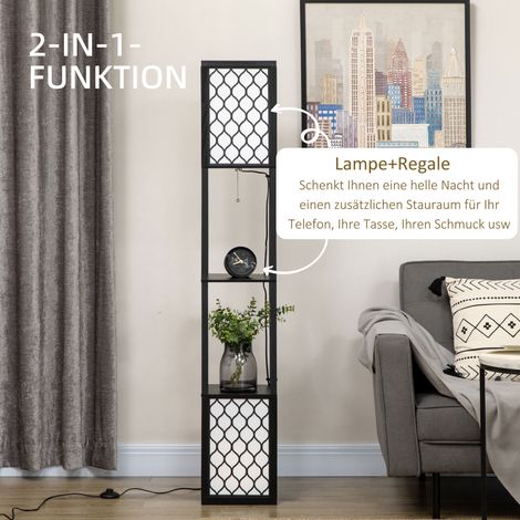 Lampadaire design contemporain, 2 tablettes, interrupteur à cordon, 26 cm x 26 cm x 156 cm, noir et blanc