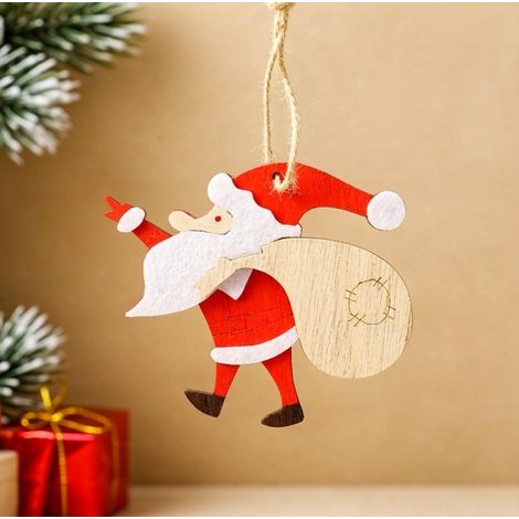 Ornement suspendu Père‑Noël sac cadeau bois 10,5×8,5 cm, décoration sapin style artisanal (1/3)