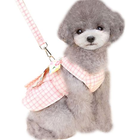 1 robe pour chien, coton, rose, avec harnais intégré et laisse, nœud papillon amovible, taille S à XL, pour chiots, chats et petits animaux (1/5)