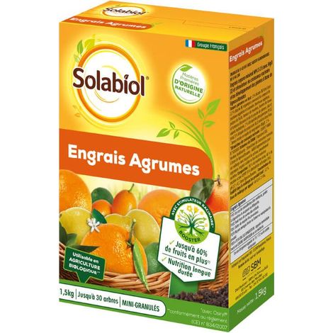 Engrais agrumes 1,5Kg – Favorise la fructification – Nutrition longue durée – 60% de fruits en plus – Utilisable en agriculture biologique – Solabiol