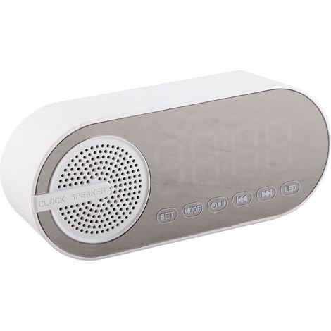Enceinte Bluetooth double réveil, Bluetooth 5.0, horloge miroir, rechargeable et portable, idéale pour le camping et les soirées dansantes (blanche).